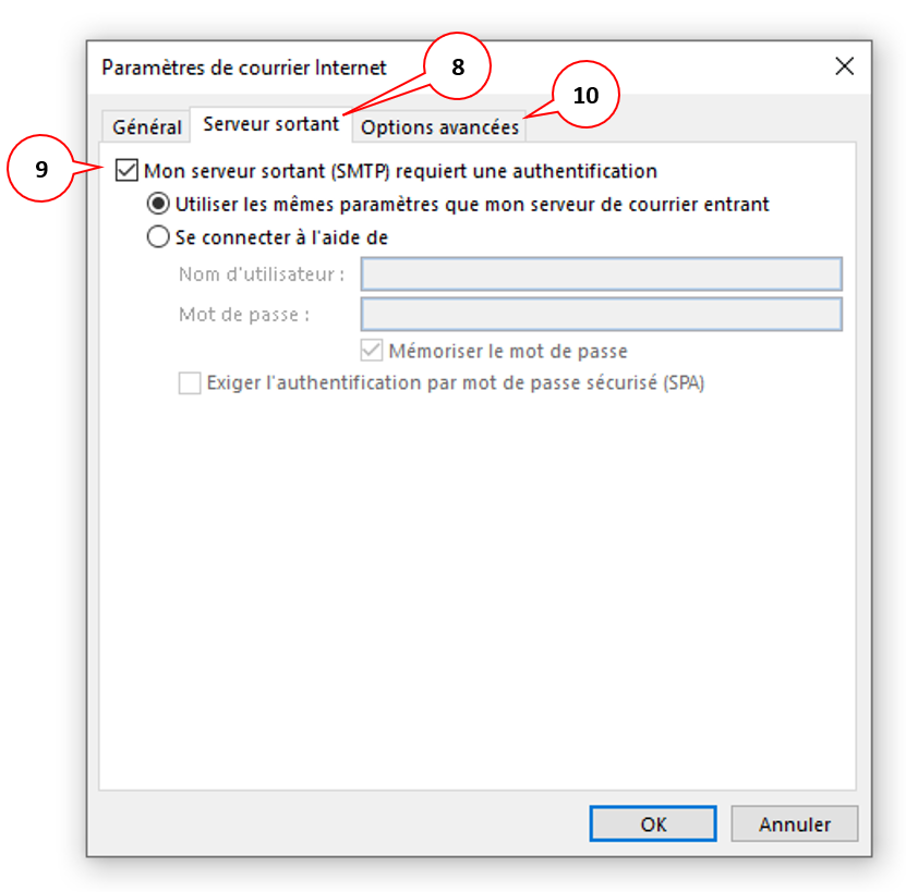 Paramètres de courrier Internet, Serveur sortant