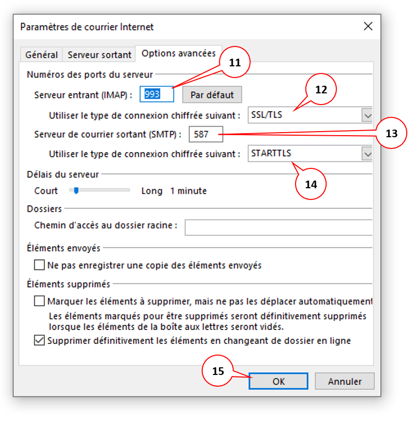Paramètres de courrier Internet, Options avancés