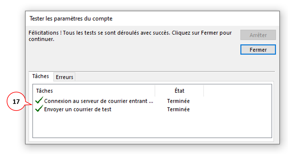 Tester les paramètres du compte, Outlook