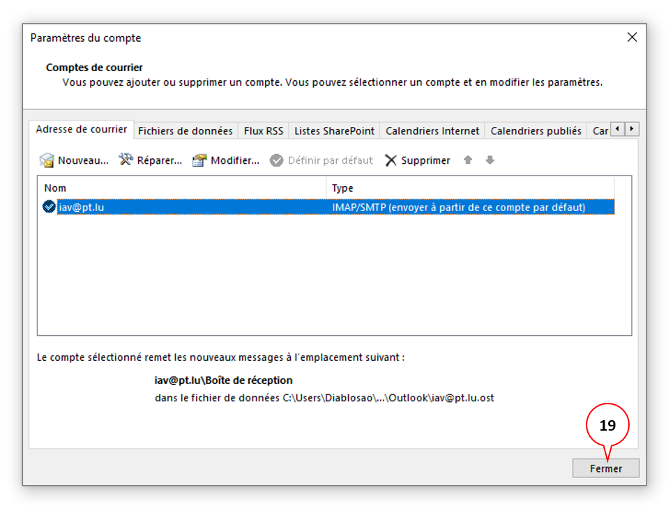 Paramètres de courrier, Outlook